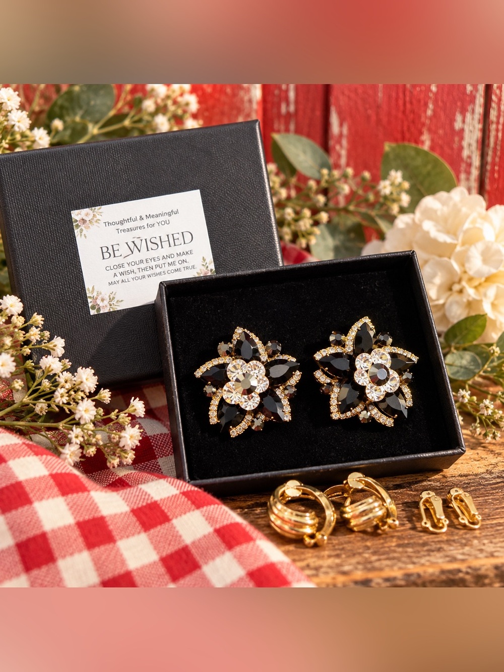 Black Crystal Floral Clip-On Statement Earrings Gold Tone Rhinestone + 2 pairs